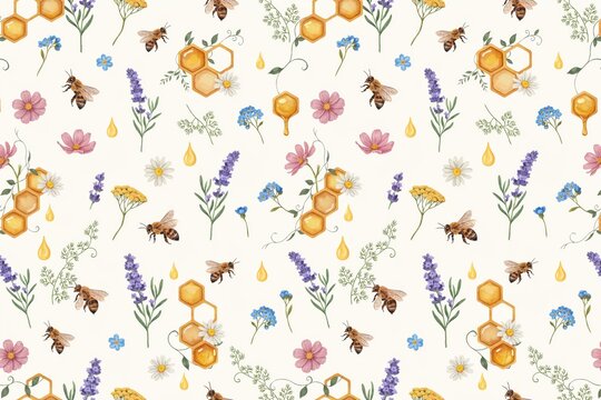 Seamless pattern featuring watercolor of honey bees, golden honeycombs, lavender sprigs, and small wildflowers on white background