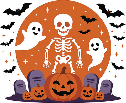 Spooky halloween t shirt vector skeleton ghosts pumpkins design for festive apparel