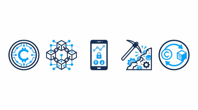 Cryptocurrency and blockchain icon set in modern duotone design. Digital finance symbols for web, apps, and tech presentations.