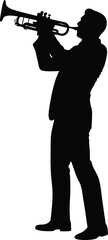 Trumpet player silhouette performing live music concert, black musician vector illustration isolated on white background for creative design © MstDulali