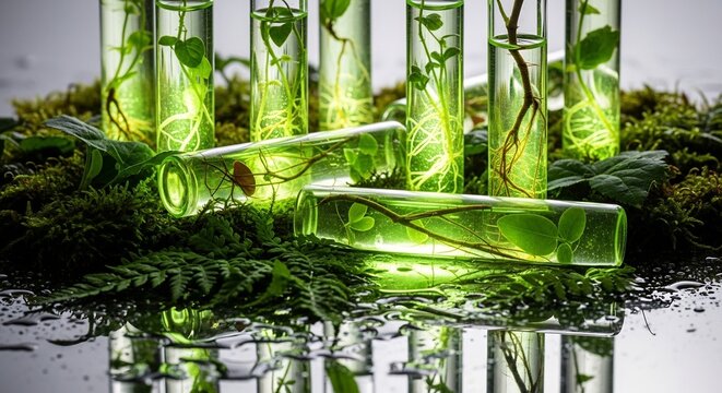 Glass test tubes filled with green liquid and plants resting on moss with reflections