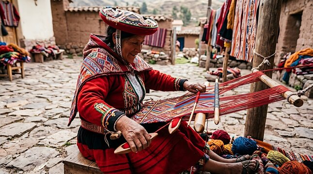 Peruvian woman wearing traditional colorful clothes weaving a textile fabric on a wooden loom in the Andes mountains