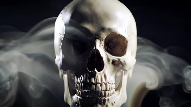 A detailed close-up of a human skull shrouded in wispy smoke.