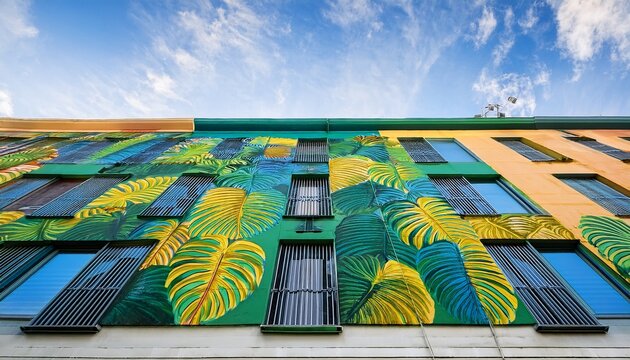 vibrant tropical leaf mural on urban building facade