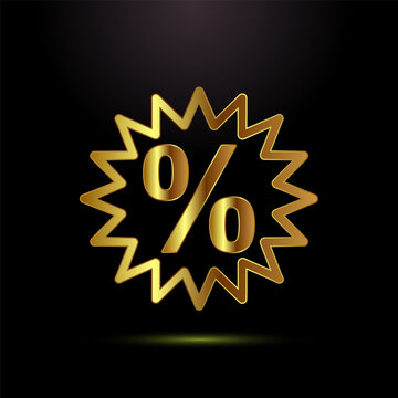 Golden percent sign in jagged starburst shape isolated on black background.