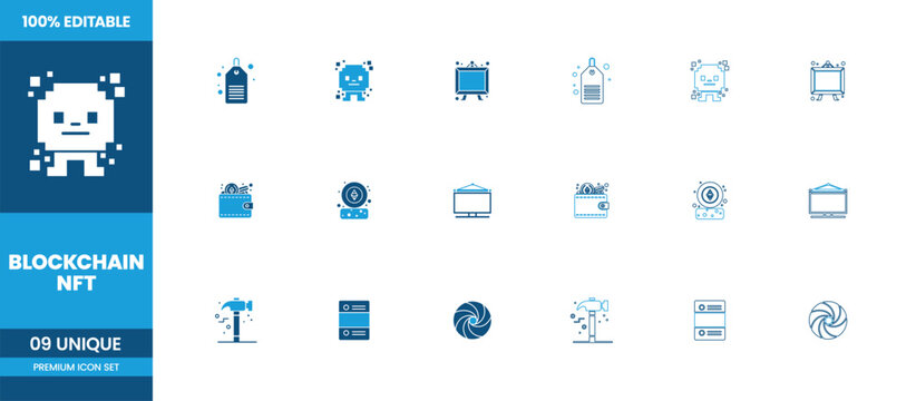Blockchain NFT Icon Set Blue Gradient Collection with Crypto Wallet Chain and Digital Asset Symbols