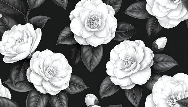 A black and white floral pattern featuring large roses with dark leaves on a solid background
