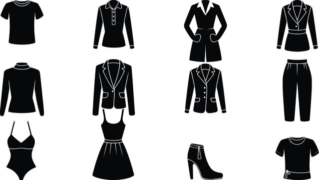 Women's fashion clothing collection vector set, black silhouette apparel icons featuring dresses jackets shirts pants bodysuit footwear isolated on white background