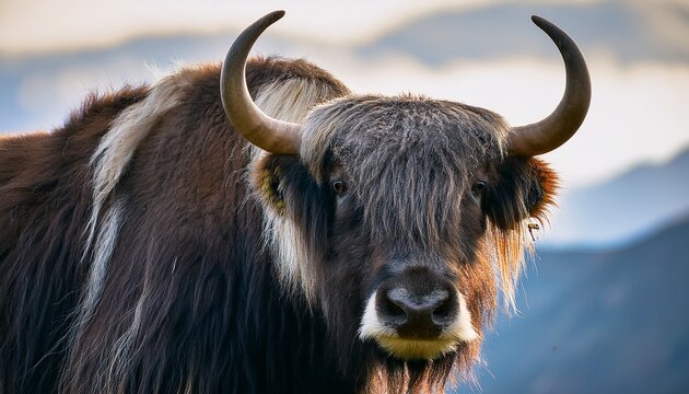 of a majestic yak with long fur and curved horns representing strength and resilience