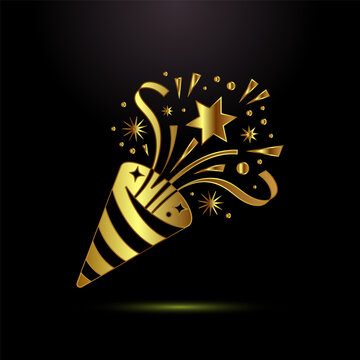 Golden party popper icon with confetti and stars celebratory event concept.