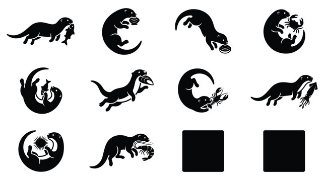 Silhouette icon set of otters hunting marine prey like fish, crabs, and squid. Minimalist black vector graphics on white background for wildlife design and nature branding.