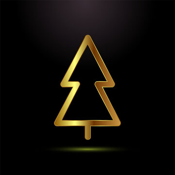 Shiny gold line art icon of a simple pine tree on a black background.