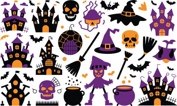 Halloween decorative elements featuring haunted houses skulls broomsticks witches hats pots