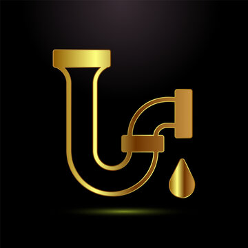 Leaking golden pipe icon on black background, plumbing service concept illustration.