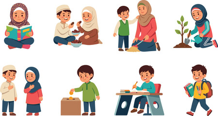 Fototapeta premium Muslim Children Doing Islamic Activities And Ramadan Traditions Cartoon Vector Illustration Set