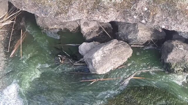 Natural Water Stream Flowing Through Rocks and Stones in Wild Creek, Perfect Background Texture for Environmental Campaign, Water Resource Conservation Article, or Geology Website Banner
