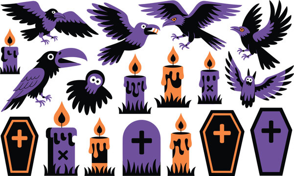 Set of cute halloween items featuring spooky ravens candles coffins and tombstones for art