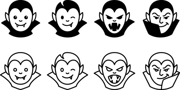 Black and white illustrations of vampire faces with various expressions