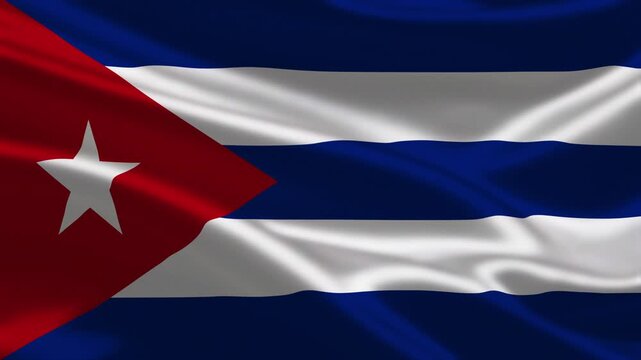 Waving flag of Cuba featuring blue and white stripes with a red triangle and white star. High quality 3D animation of the Cuban national flag rippling smoothly in the wind.