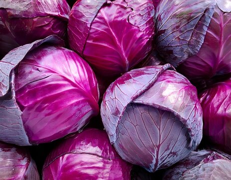 fresh red cabbage heads are piled together showing a vibrant purple color and interesting texture