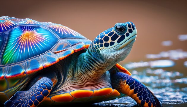 of a vibrant turtle with intricate shell patterns poised and ready showcasing its unique texture