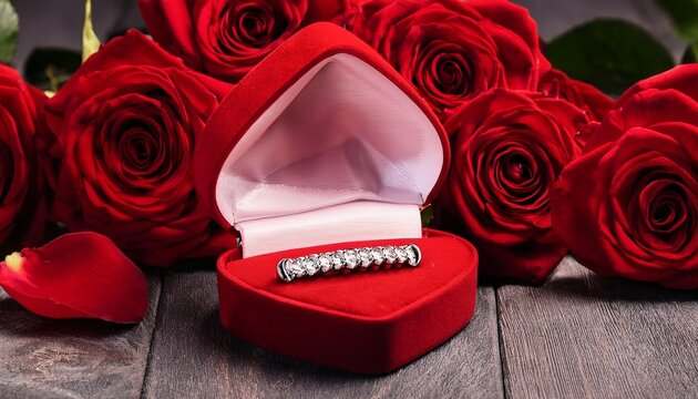 diamond bracelet in red velvet box surrounded by red roses