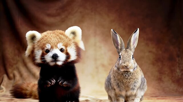 A cute red panda and a rabbit posing together in a studio setting.