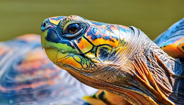 of close up of a vibrant turtle with intricate shell patterns and a curious expression