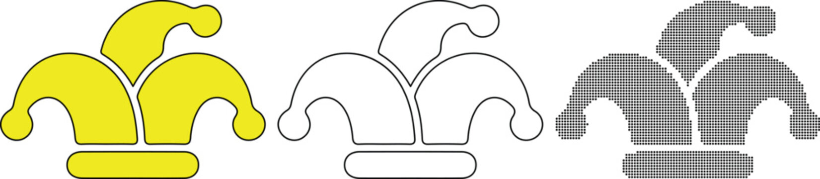 Jester Hat Silhouette Set with Outline Filled and Halftone Dot Style Carnival Vector Pack