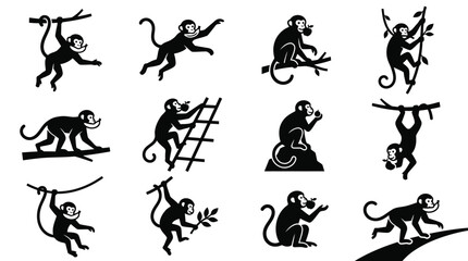 Set of twelve black monkey vector silhouettes featuring primates in active poses like climbing, hanging from tree branches, walking, and eating fruit isolated on white background. © Tutorialxxx18