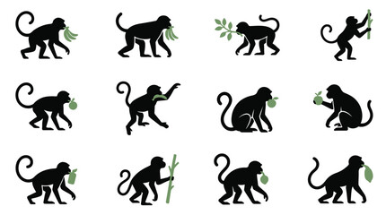 Vector collection featuring twelve black monkey silhouettes in diverse poses, interacting with green bananas, leaves, and fruit elements, isolated on a plain white background. © Tutorialxxx18