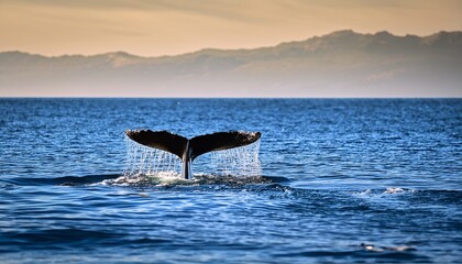Fototapeta premium of a majestic whale tail splashing out of tranquil blue waters creating a serene ocean scene