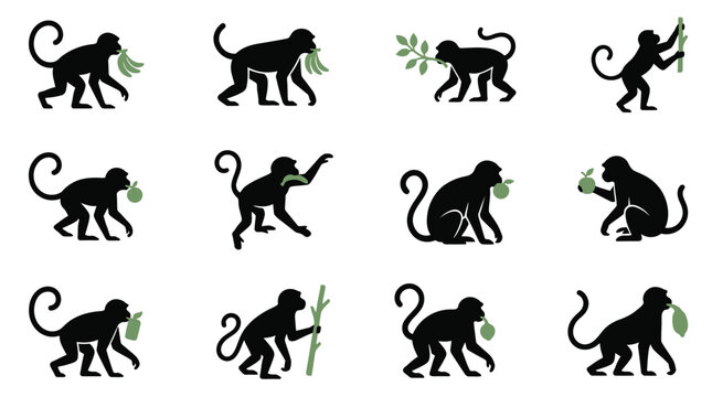 Vector collection featuring twelve black monkey silhouettes in diverse poses, interacting with green bananas, leaves, and fruit elements, isolated on a plain white background.