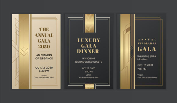 Elegant Gala Invitation Card Set with Abstract Flowing Golden Line Art on White Background