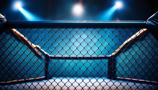 close up of the fence of an mma octagon with blue background the ring is empty and illuminated