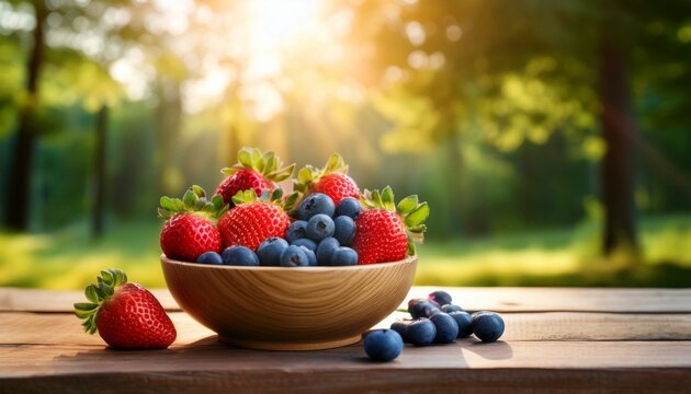 bowl of fresh strawberries and blueberries on rustic wooden table outdoors with sunlight and green trees in background evoking peaceful and natural picnic scene