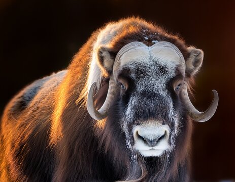 of a majestic musk ox with thick woolly fur stands majestically