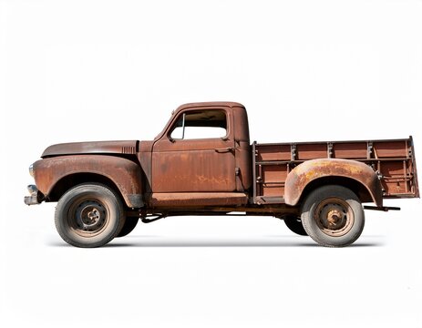 profile view of a rusty weathered pickup truck on a white background