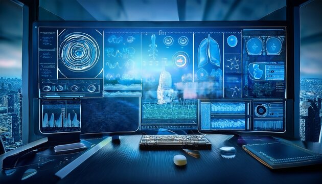 medical data analysis patient record predictive diagnosis health monitor hospital screen clinical dashboard nurse healthcare technology digital interface diagnosis support