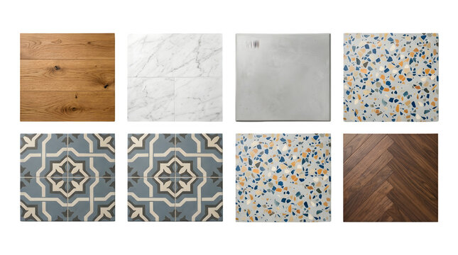 Assortment of flooring and surface material samples tile and wood textures