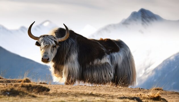 of a majestic yak with thick fur stands proudly showcasing its natural beauty