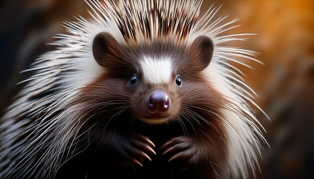 of close up of a cute porcupine with soft quills showcasing its curious expression