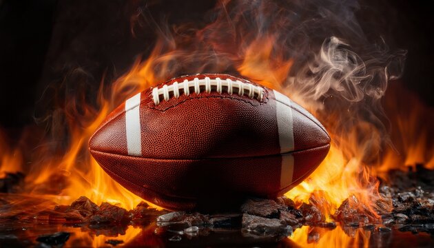 a wet american football rests in fiery embers and smoke creating a dramatic intense image