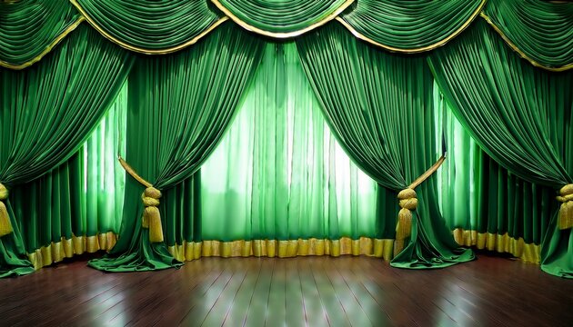of elegant green curtains with golden ties creating a dramatic and inviting atmosphere for a stage or window display