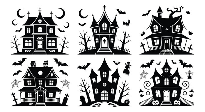 Collection of Spooky Silhouetted Haunted Houses and Halloween Elements Isolated on Transparent Background