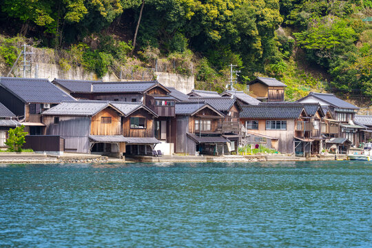 Beautiful view of traditional wooden fishing village houses on the Ine Bay, Kyoto Prefecture, Japan