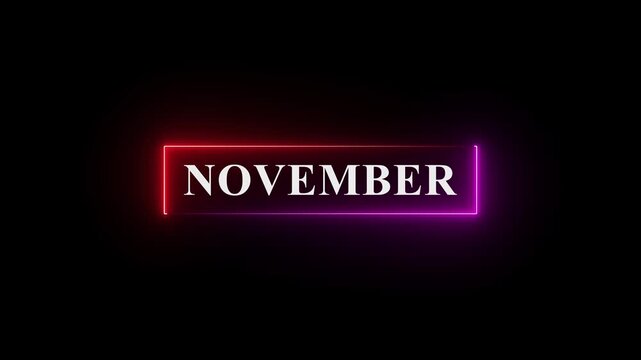 Abstract November text icon animation. Neon shine month November text sign icon animation on isolated on black background.4k motion video.