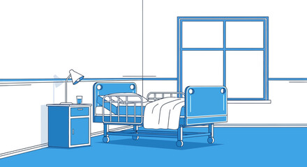 Fototapeta premium Hospital Room Interior Illustration In Blue Tones With A Modern Aesthetic Style