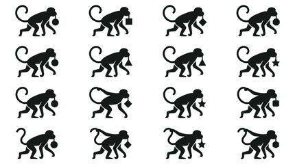 Grid of black monkey silhouettes holding various geometric shapes in their mouths, including circles, stars, and triangles, set against a plain white background for design and education. © Tutorialxxx18