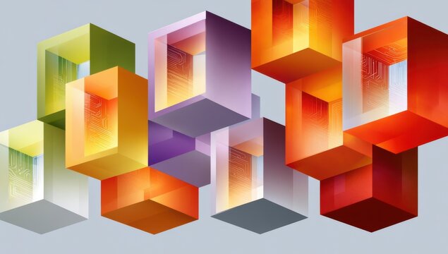 Abstract 3D floating cubes with glowing circuitry and futuristic digital data network visualization